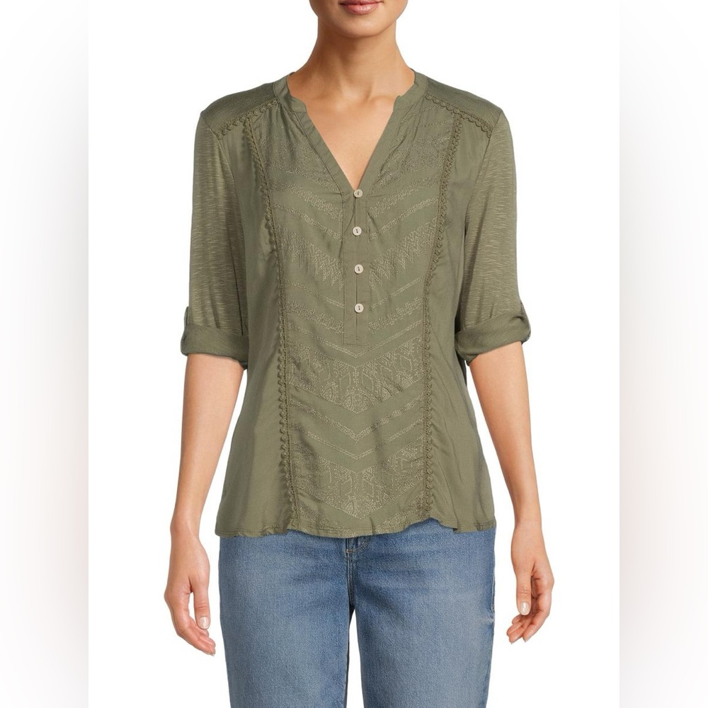 Democracy Ash Green Tab Cuff Elbow Sleeve Shirt- Size L